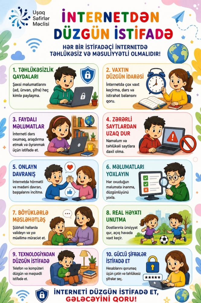 Uşaq Səfirlər Məclisinin Mingəçevir şəhəri üzrə fəalı Nihan Cavadlı tərəfindən “İnternetdən düzgün istifadə” mövzusunda məlumat xarakterli poster hazırlanıb.